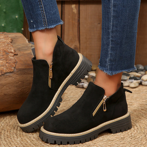 Damen nan knöchelhohe Stiefelette mit dekorativem Reißverschluss gepolstertem Schaft und robuster Profilsohle Drune
