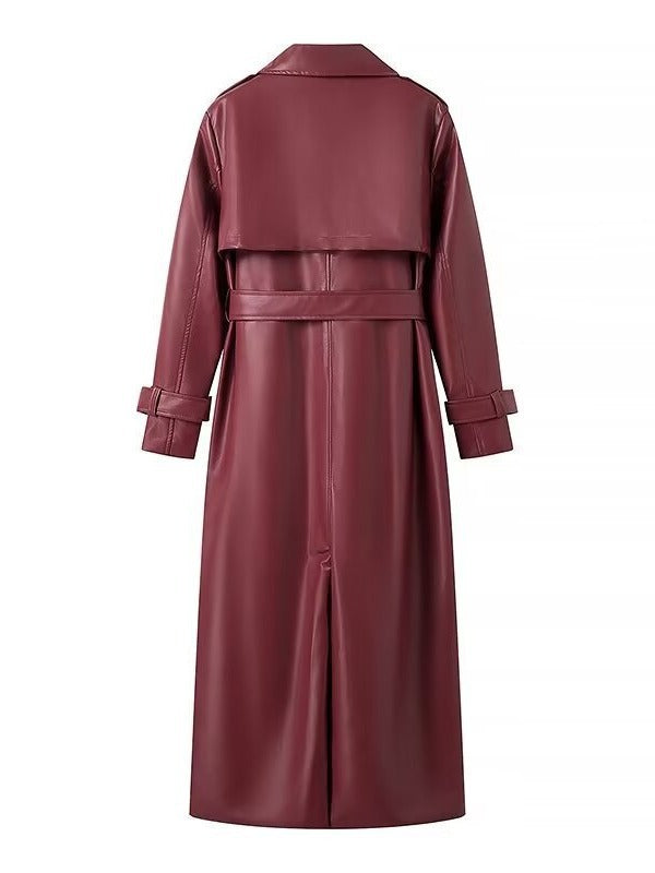 Damen Kunstleder-Trenchcoat mit taillierbarem Gürtel und schickem Kragen Drune