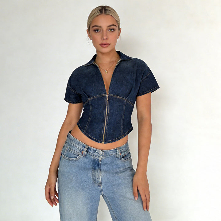 Damen modisches Jeanshemd mit kurzen Ärmeln und Frontreißverschluss Drune