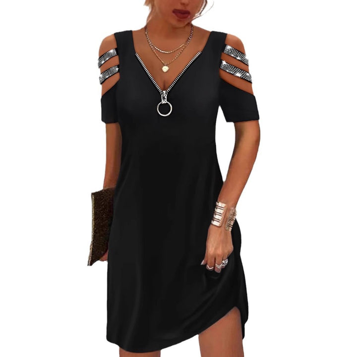 Damen Trendiges Kleid mit schulterfreien Ärmeln und Reißverschlussdetails Drune