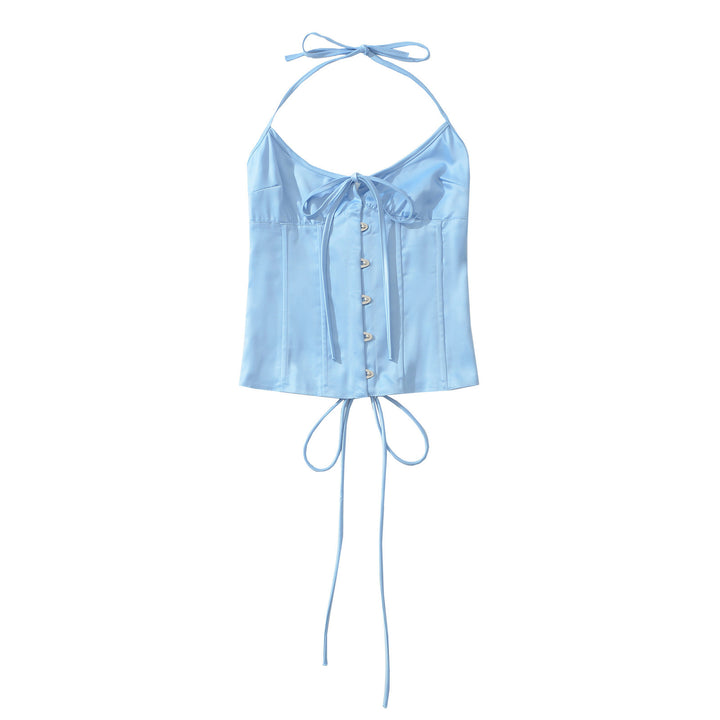 Damen Satin-Nachtkleid mit dekorativen Bindebändern und Knopfleiste Drune