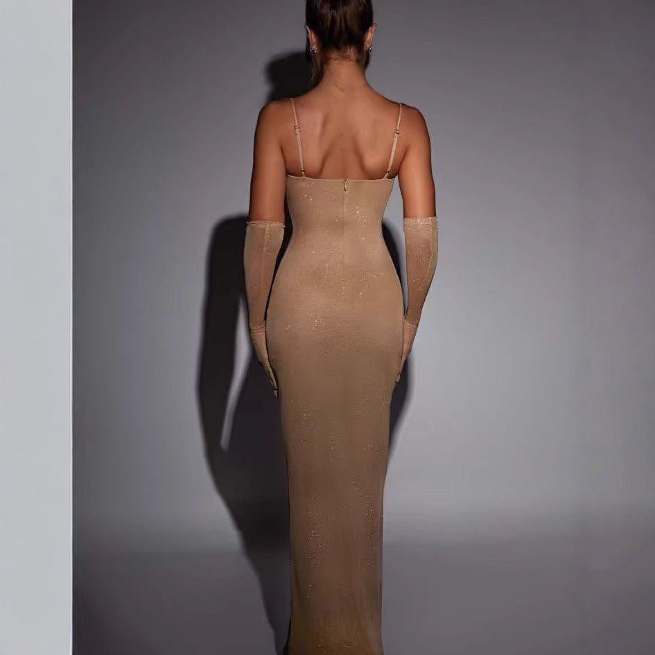 Damen Glamouröses Maxikleid mit transparenten Ärmeln und figurbetontem Schnitt Drune