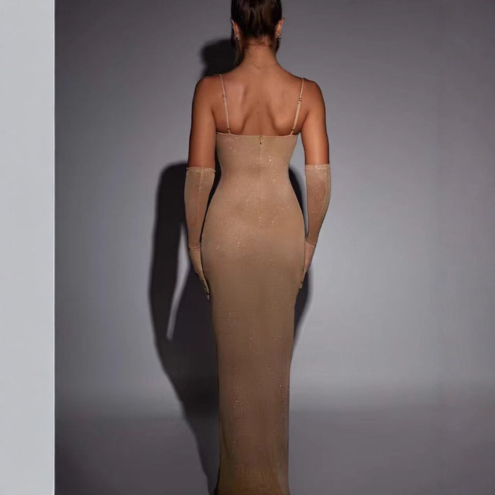 Damen Glamouröses Maxikleid mit transparenten Ärmeln und figurbetontem Schnitt Drune
