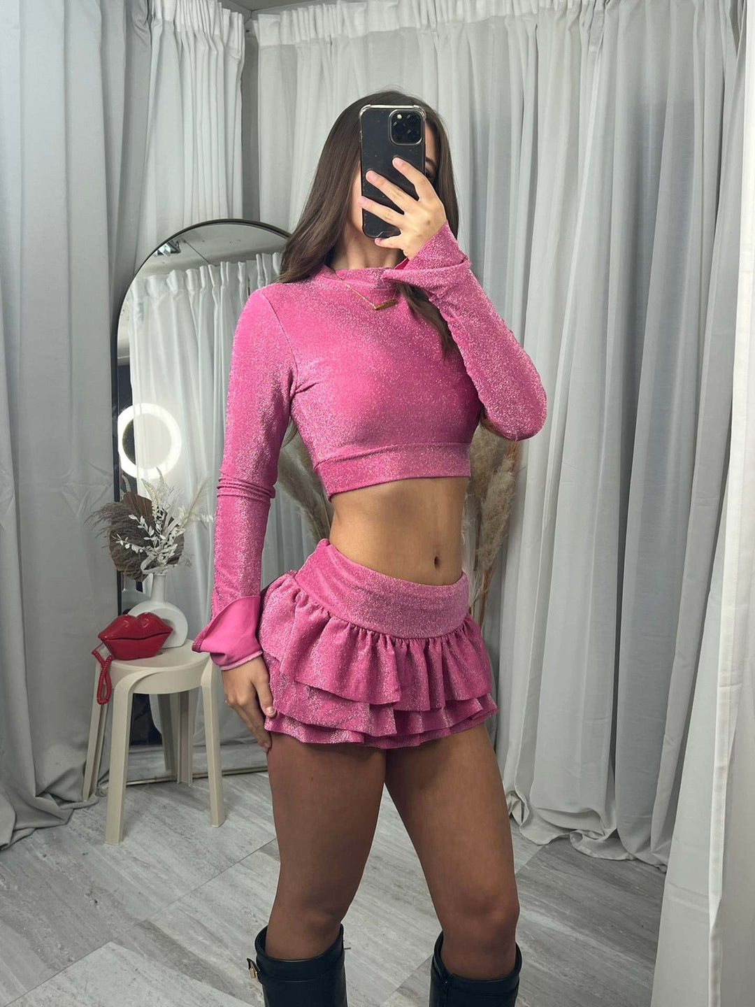 Damen modisches Crop-Top und plissierte Mini-Rock Set Drune
