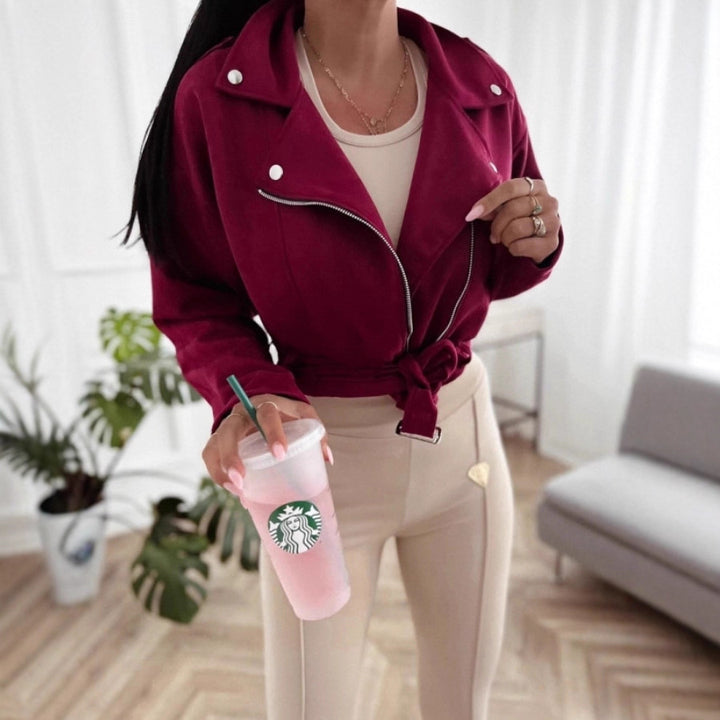 Damen Lässige Übergangsjacke im Biker-Stil mit Taillengürtel Drune
