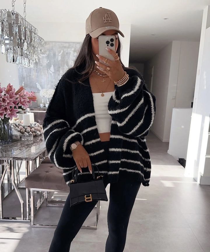 Damen Strickjacke mit voluminösen Ärmeln und modischen Streifen Drune
