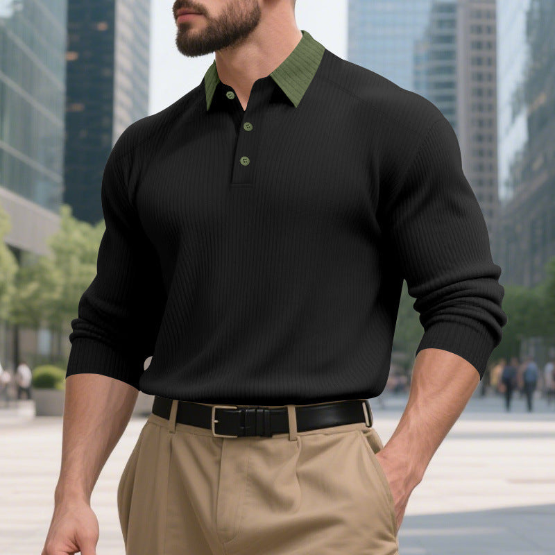 Herren lässiges Langarm-T-Shirt mit strukturiertem Stoff und modischem Kragen Drune