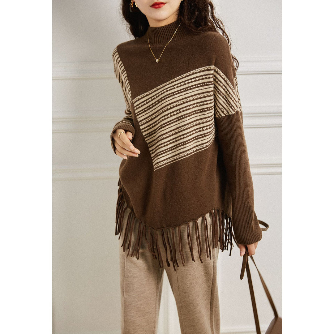 Damen Oversized Pullover mit grafischem Streifenmuster und Fransen Drune