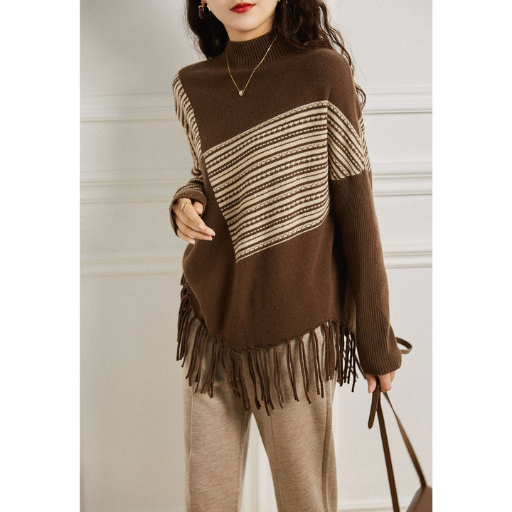 Damen Oversized Pullover mit grafischem Streifenmuster und Fransen Drune