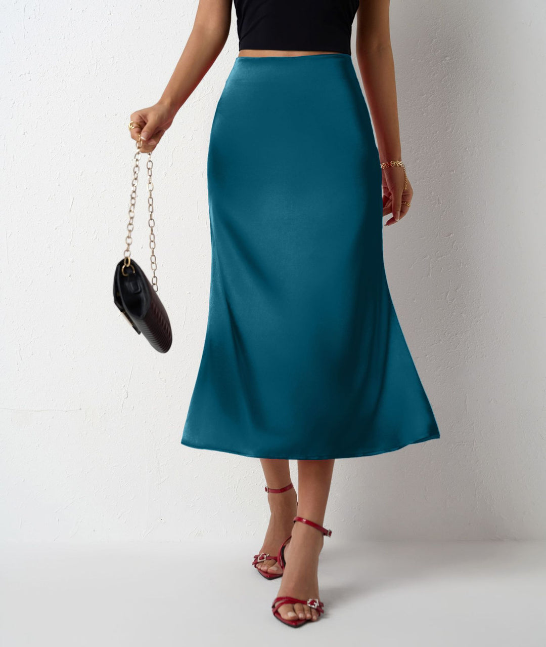 Damen eleganter Midirock aus schimmerndem Stoff mit figurschmeichelndem Schnitt Drune