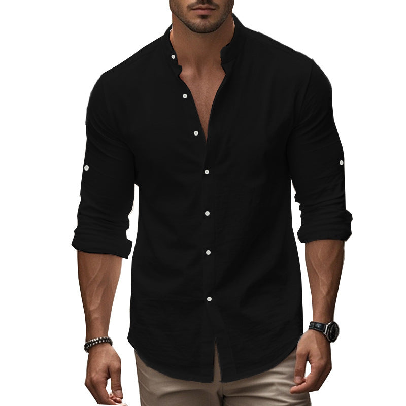 Herren modisches Langarm-Hemd mit innovativem Stehkragen und eleganter Knopfdetail Drune