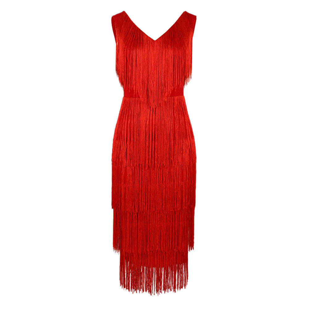 Damen Fransen Cocktailkleid mit V-Ausschnitt und schwingendem Saum Drune