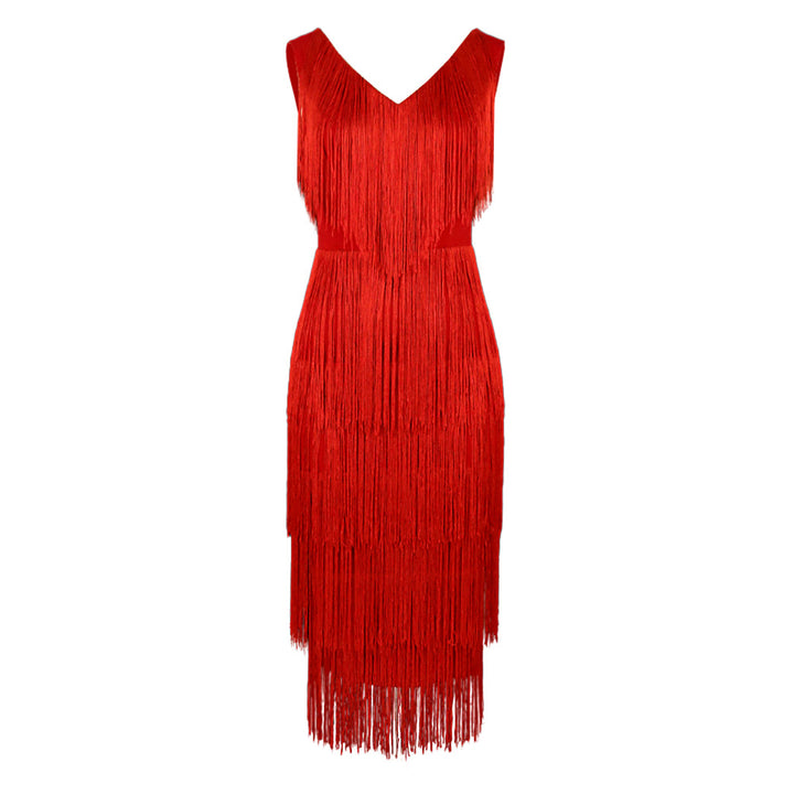 Damen Fransen Cocktailkleid mit V-Ausschnitt und schwingendem Saum Drune