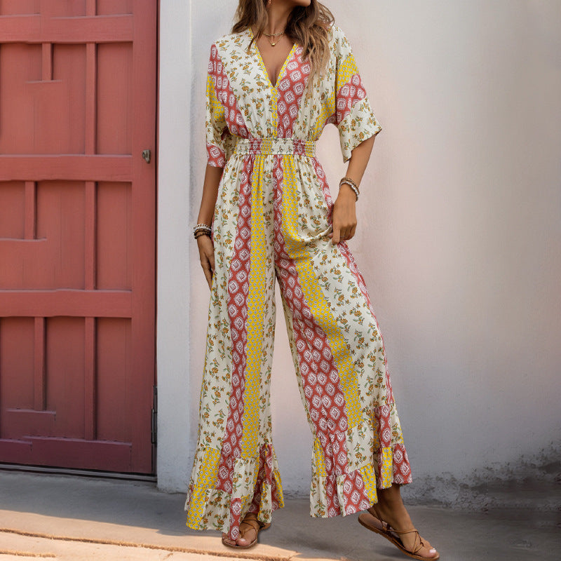 Damen lässiger Jumpsuit mit floralem Muster und weiten Beinen Drune