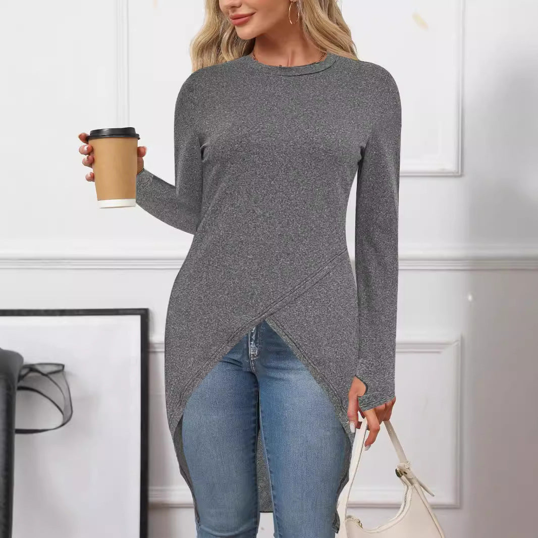 Damen asymmetrisches Langarmtop mit modischem Wickeldesign Drune