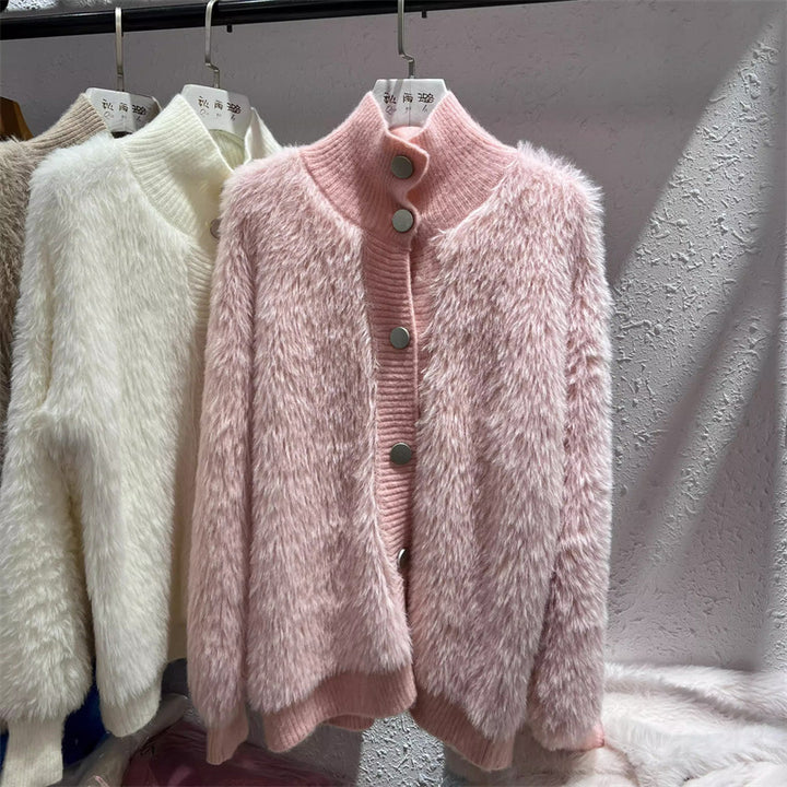 Damen kuschelige Strickjacke mit Knopfverschluss und hohem Kragen Drune