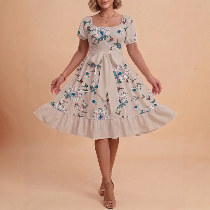 Damen Blumenkleid mit taillierbarem Gürtel und voluminösen Ärmeln Drune