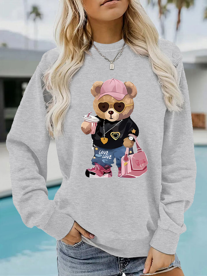 Damen Sweatshirt mit einzigartigem Cartoon-Bären-Motiv und modischem Schriftzug Drune