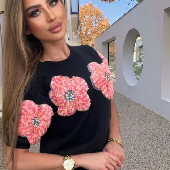 Damen Modischer Strickpullover mit floralen Applikationen Drune