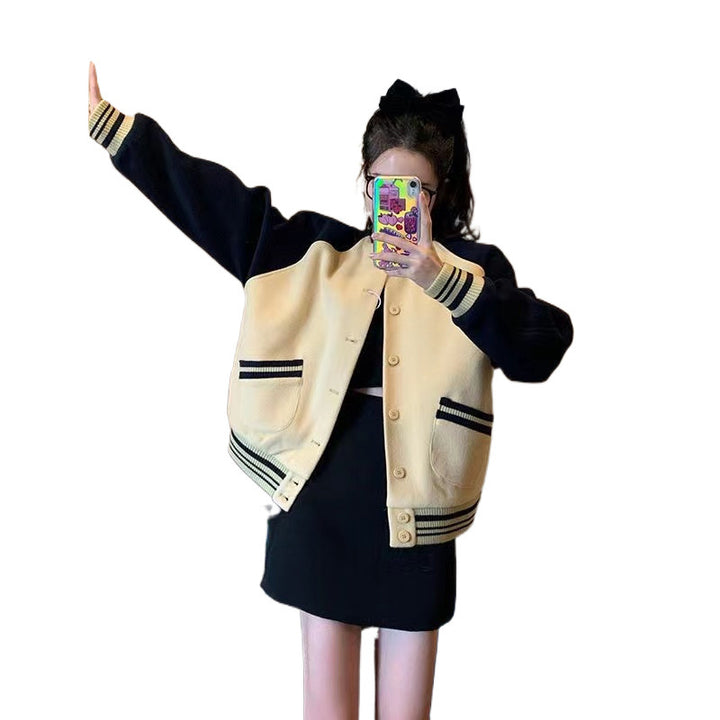 Damen Varsity Jacke mit Knopfverschluss und seitlichen Taschen Drune