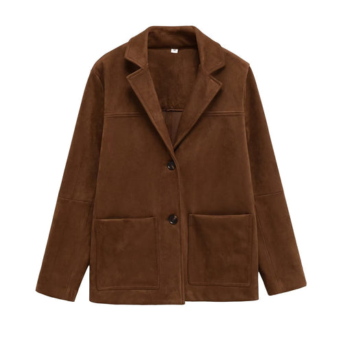 Damen Modische Suede Blazerjacke mit praktischen Taschen Drune