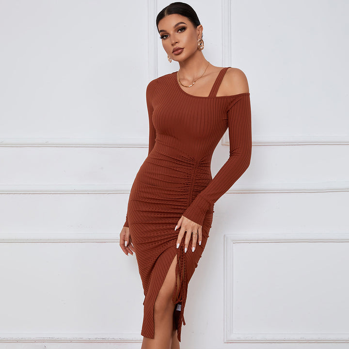 Damen figurbetontes Rippkleid mit One-Shoulder-Ausschnitt und raffinierter Raffung Drune
