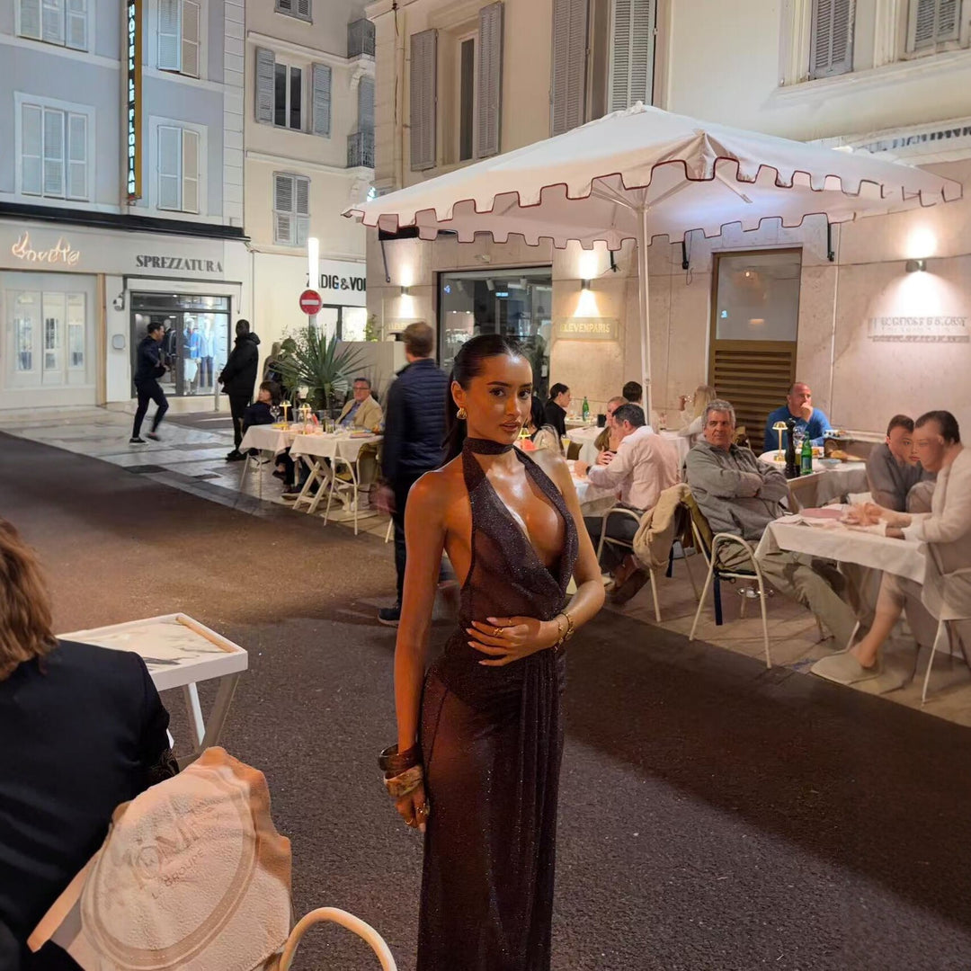 Damen schimmerndes Abendkleid mit tiefem V-Ausschnitt und Taillengürtel Drune
