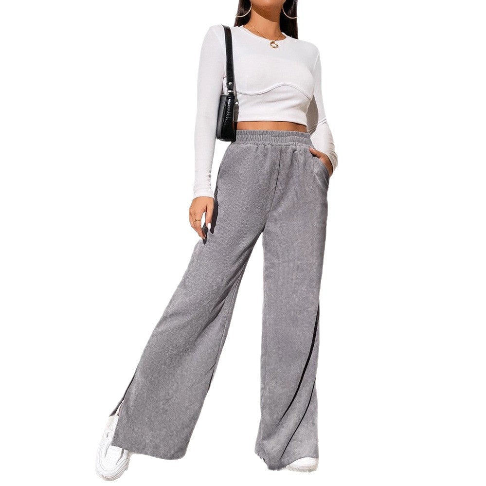 Damen Weite Cord-Hose mit elastischem Bund und seitlichen Schlitzen Drune