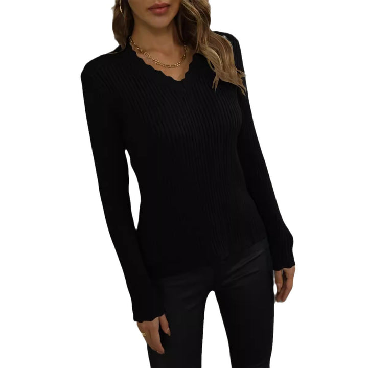 Damen V-Ausschnitt Rippenpullover mit Wellenkante Drune