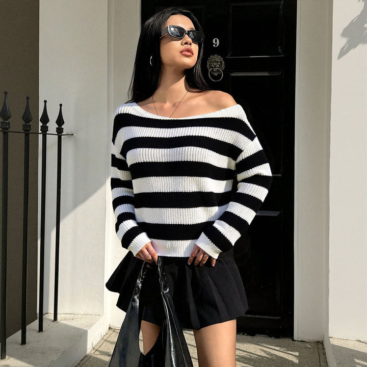 Damen lässiger Oversized-Pullover mit Streifenmuster Drune