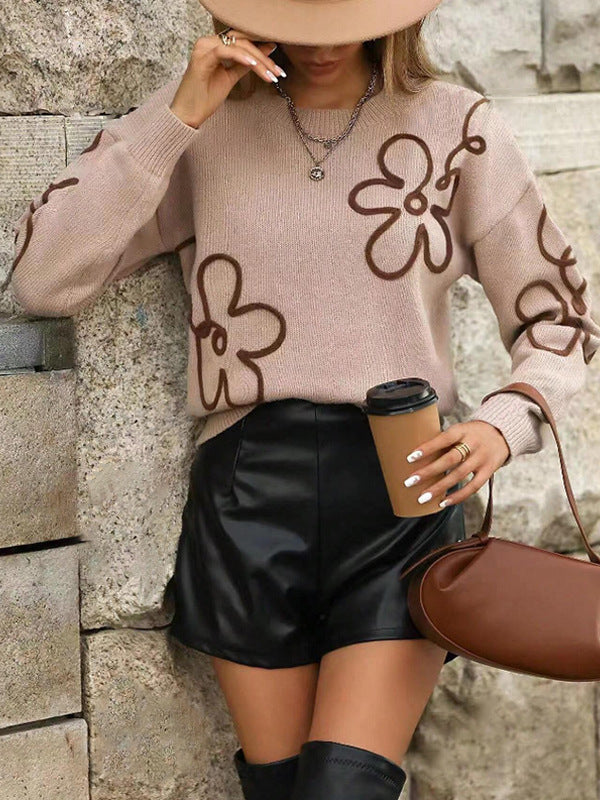 Damen Modischer Strickpullover mit floralen Applikationen und weitem Schnitt Drune