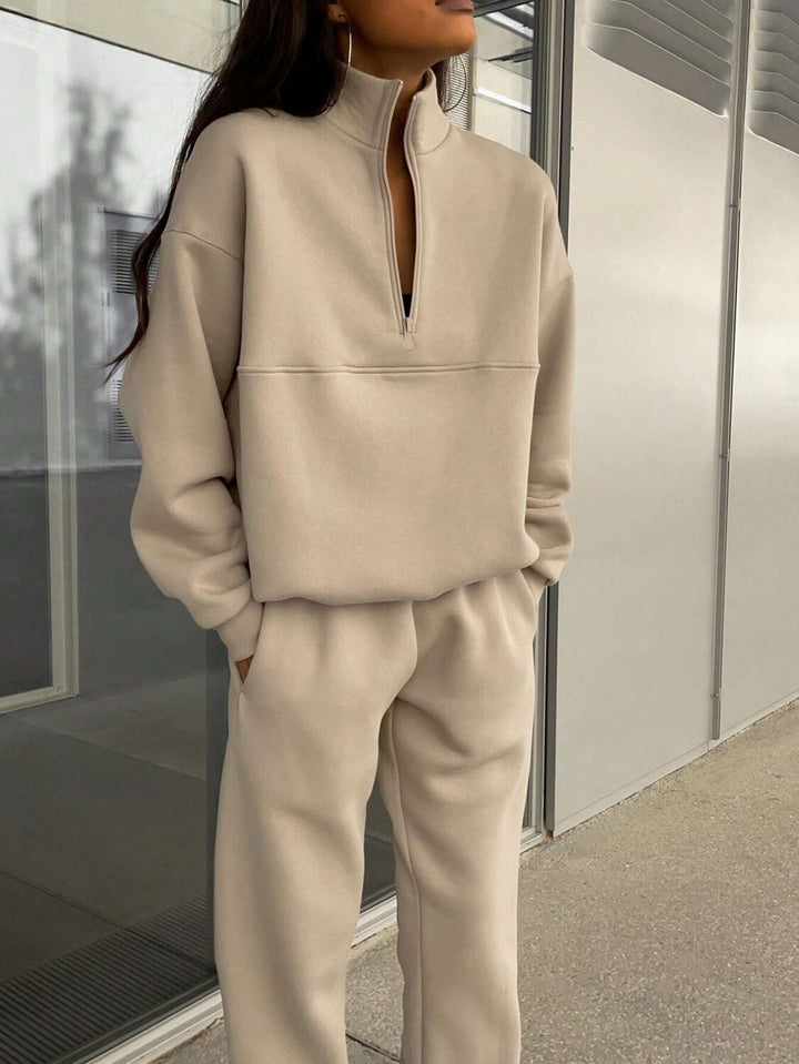 Damen entspannter Oversized Pullover mit halbem Reißverschluss und bequemen Bündchen Drune