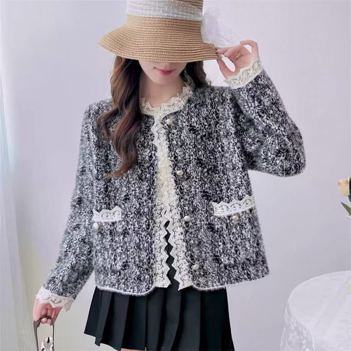 Damen elegante Strickjacke mit Perlen und Spitzen Drune