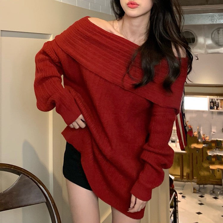 Damen Off-Shoulder Pullover aus strukturiertem Strickmaterial Drune