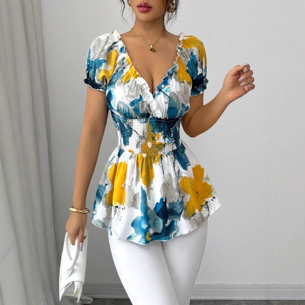 Damen Bluse mit floralen Rüschen und elastischem Taillenbund Drune