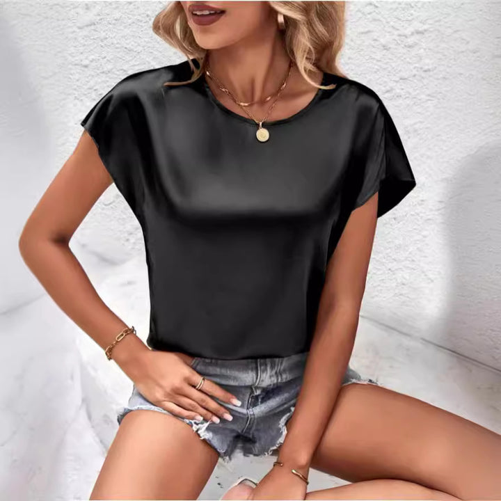 Damen Elegantes Satinoberteil mit lässigem Schnitt und kurzen Ärmeln Drune