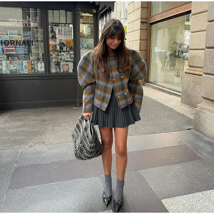 Damen Modische Karojacke mit voluminösen Ärmeln Drune