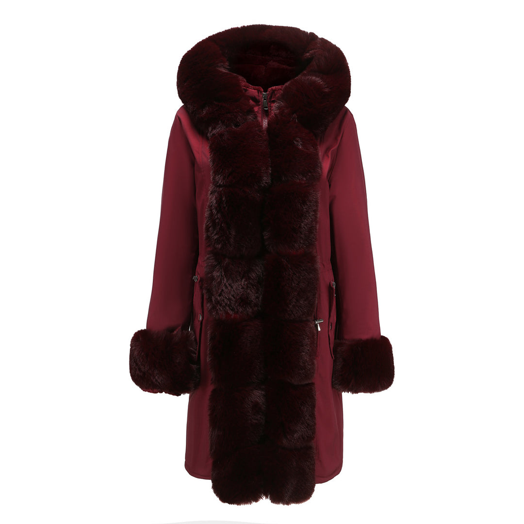 Damen modische Lange Jacke mit Kunstfellbesatz Drune