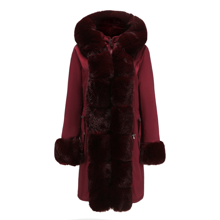 Damen modische Lange Jacke mit Kunstfellbesatz Drune