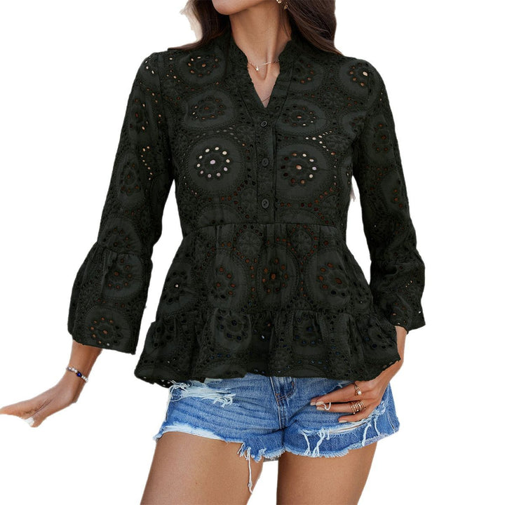 Damen Bluse mit Lochmuster und ausgestellten Ärmeln Drune