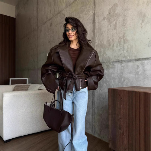 Damen Oversize Lederjacke mit Taillengürtel Drune