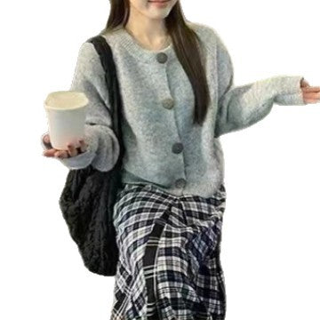 Damen gemütliche Strickjacke mit großen Knöpfen und hohen Kragen Drune