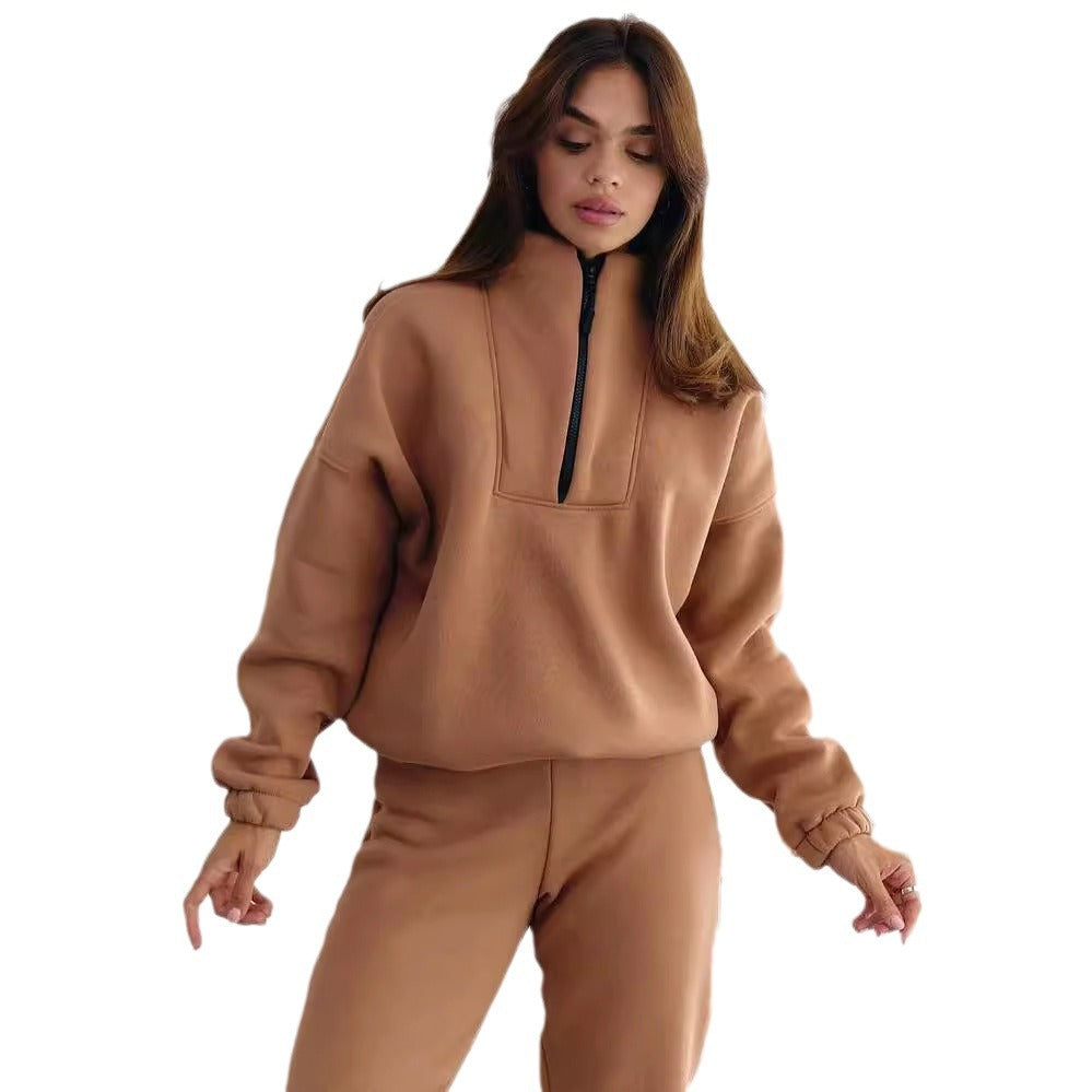 Damen Sportlicher Fleece-Traininganzug mit halbem Reißverschluss und elastischen Bündchen Drune
