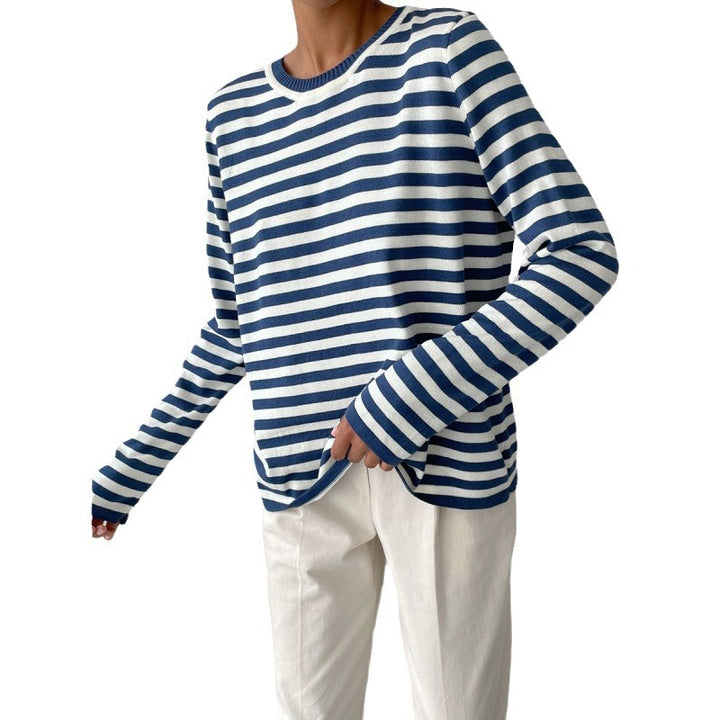 Damen gestreifter Langarm-Sweater mit Rundhalsausschnitt und weitem Schnitt Drune