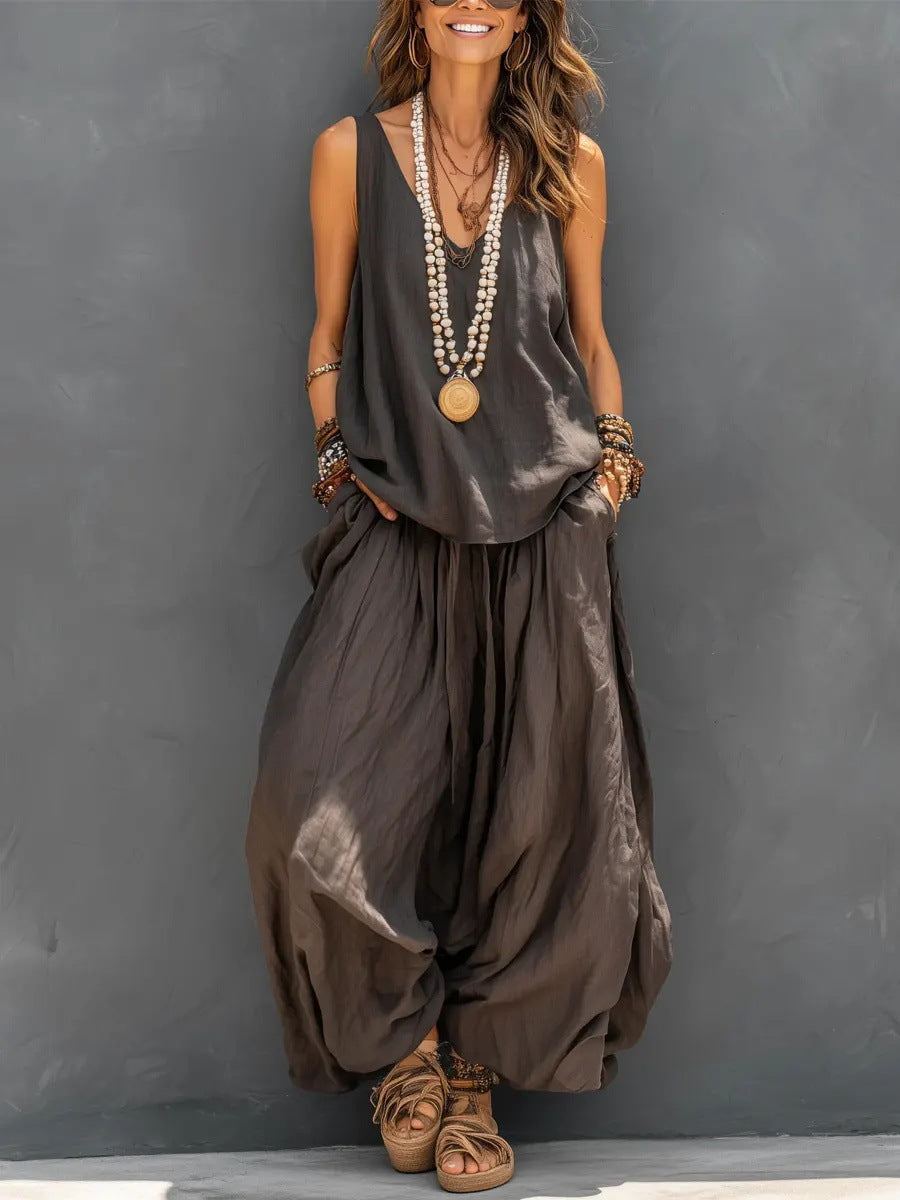 Damen Lockere Sommerbluse mit weitem Schnitt und hochtaillierter Hose Drune