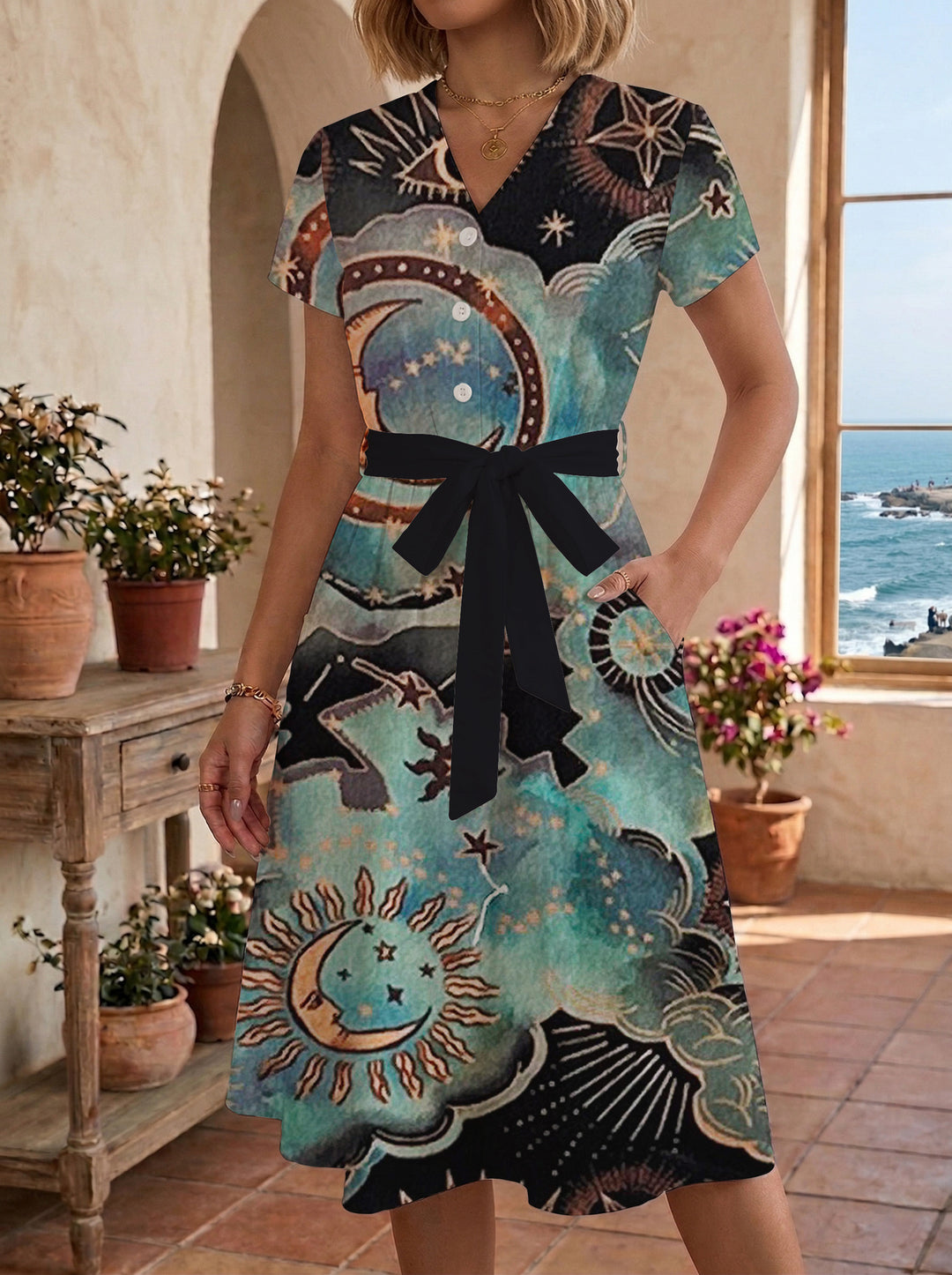 Damen Blühendes Midikleid mit taillierbarem Gürtel und kunstvollem Print Drune