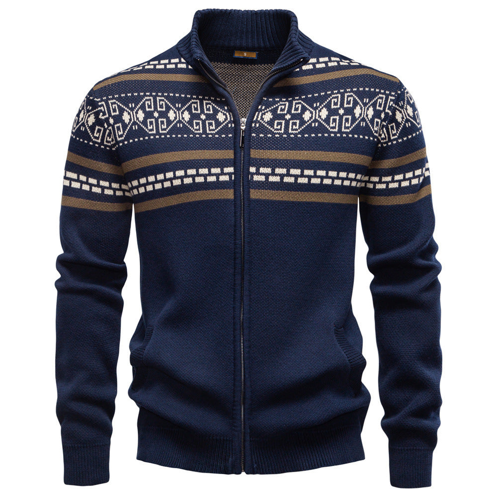 Herren nan Strickjacke mit durchgehendem Reißverschluss, Stehkragen und nordisch-geometrischem Intarsienmuster Drune