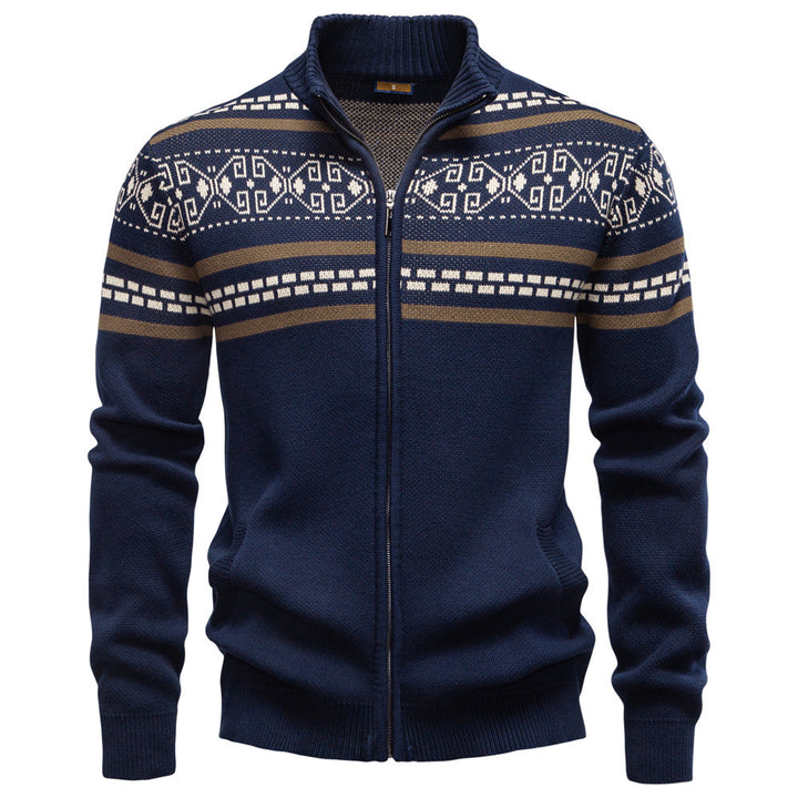 Herren nan Strickjacke mit durchgehendem Reißverschluss, Stehkragen und nordisch-geometrischem Intarsienmuster Drune