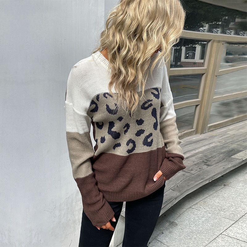 Damen lockerer Strickpullover mit tierischem Muster und modernem Farbblockdesign Drune