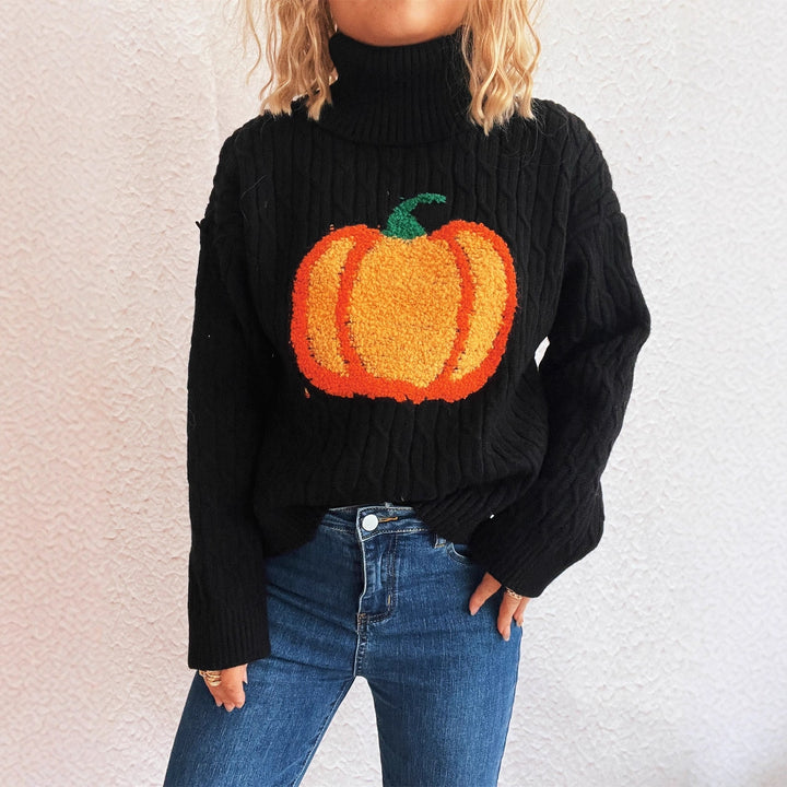 Damen Strickpullover mit Rollkragen und fröhlichem Kürbisdesign Drune
